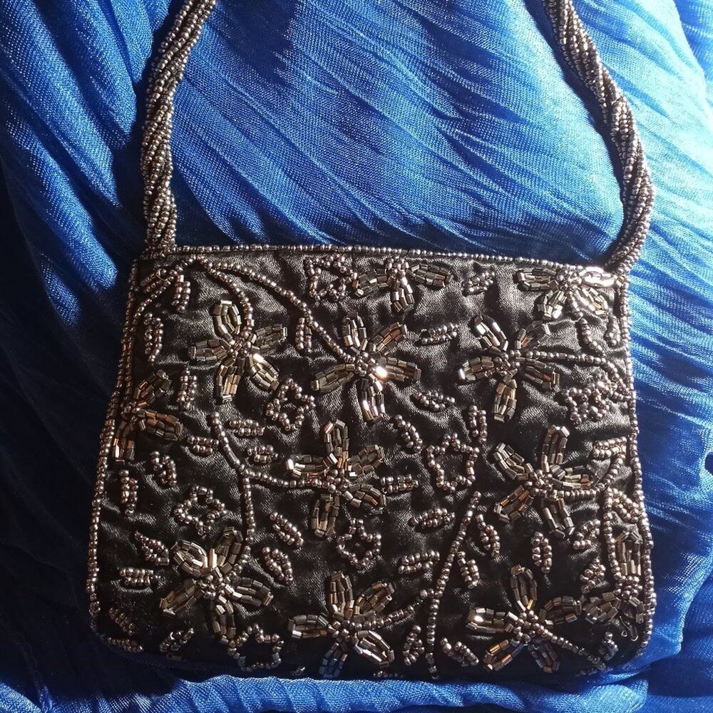 Moyna black and silver beaded bag small evening